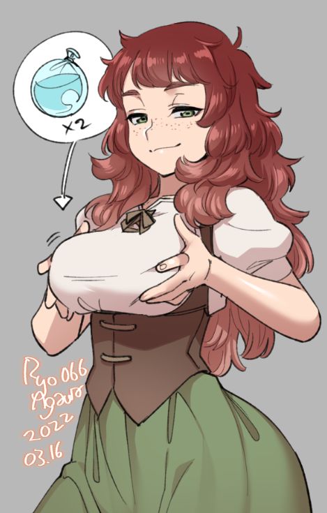 1girl :3 agawa_ryou artist_name bangs bow breast_padding breasts brown_corset closed_mouth commentary contrapposto corset cowboy_shot dated english_commentary flipped_hair freckles green_bow green_eyes green_skirt grey_background hands_on_own_breasts light_brown_hair long_hair looking_at_viewer medium_breasts multicolored_hair numbered original puffy_short_sleeves puffy_sleeves redhead shirt short_sleeves simple_background skirt smug solo two-tone_hair water_balloon wavy_hair white_shirt