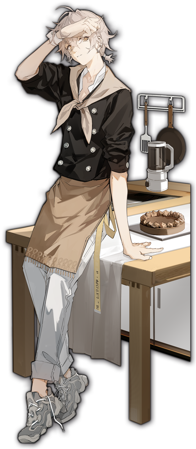 1boy artist_request blender blonde_hair cake earrings food frying_pan hair_between_eyes hand_on_table highres ishihara_usumi jewelry leaning_on_table mahjong_soul male_focus official_art shoes simple_background sneakers solo spatula transparent_background untied white_footwear white_legwear wooden_table yellow_eyes yostar