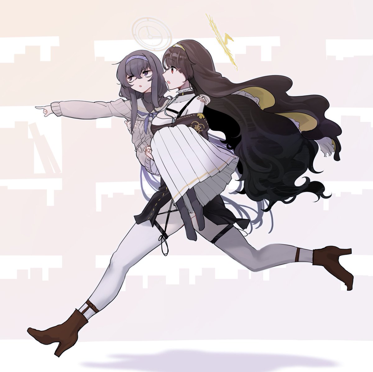 2girls :o bangs black_hair black_legwear black_shirt blue_archive boots breasts brown_footwear cardigan carrying english_commentary full_body grey_eyes habit hairband halo hand_on_another's_shoulder high_heel_boots high_heels hinata_(blue_archive) large_breasts long_skirt long_sleeves multiple_girls no_shoes open_mouth pointing princess_carry red_eyes running shirt sideways_mouth skirt sweater thigh-highs thigh_strap turtleneck turtleneck_sweater ui_(blue_archive) white_legwear white_shirt white_skirt yayuyoron