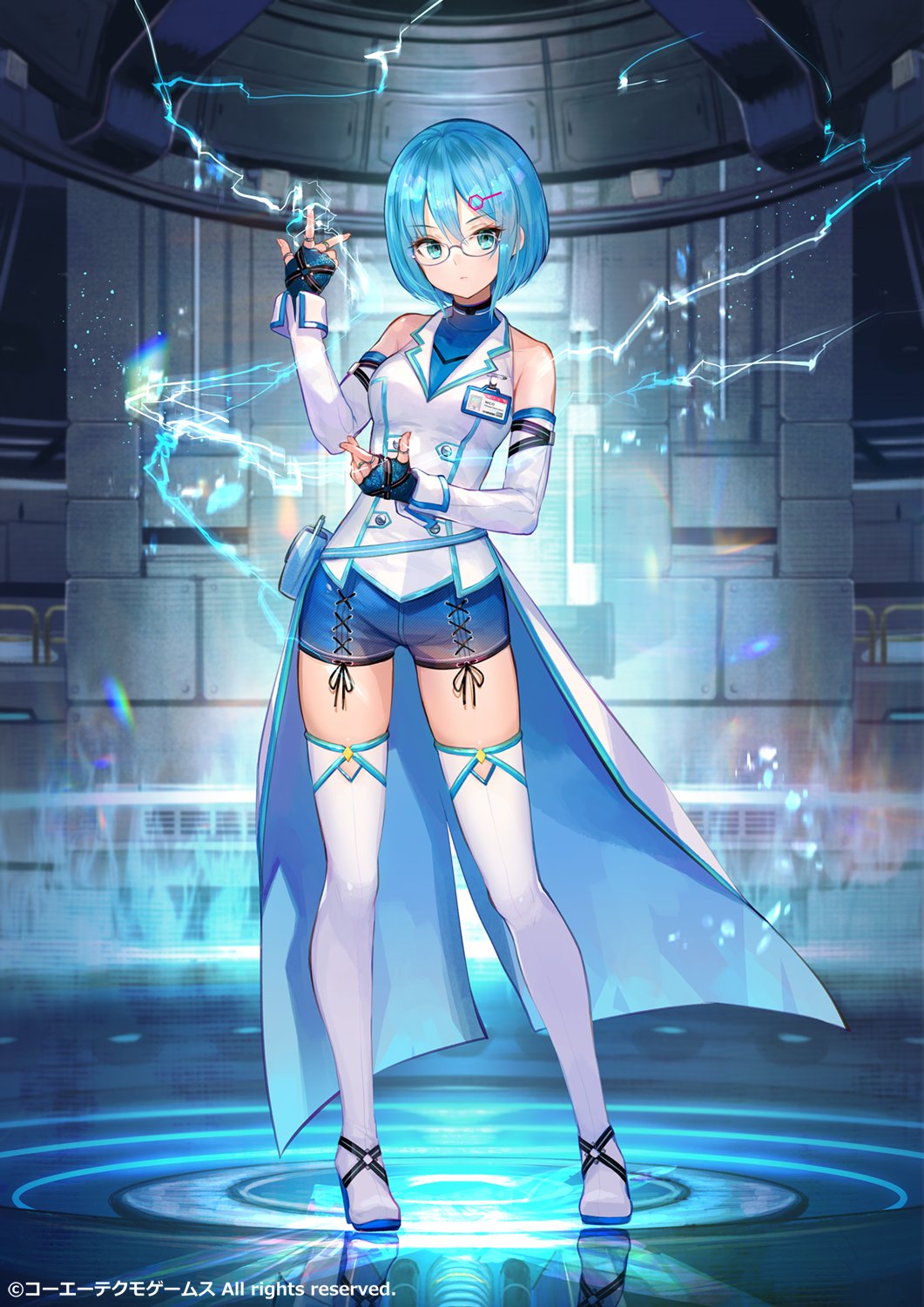 1girl aqua_eyes aqua_hair boots dead_or_alive dead_or_alive_6 detached_sleeves electricity expressionless fingerless_gloves fuzichoco glasses gloves hair_ornament hairclip highres id_card jacket jewelry name_tag nico_(doa) official_art ring short_hair shorts sleeveless solo thigh-highs thigh_boots