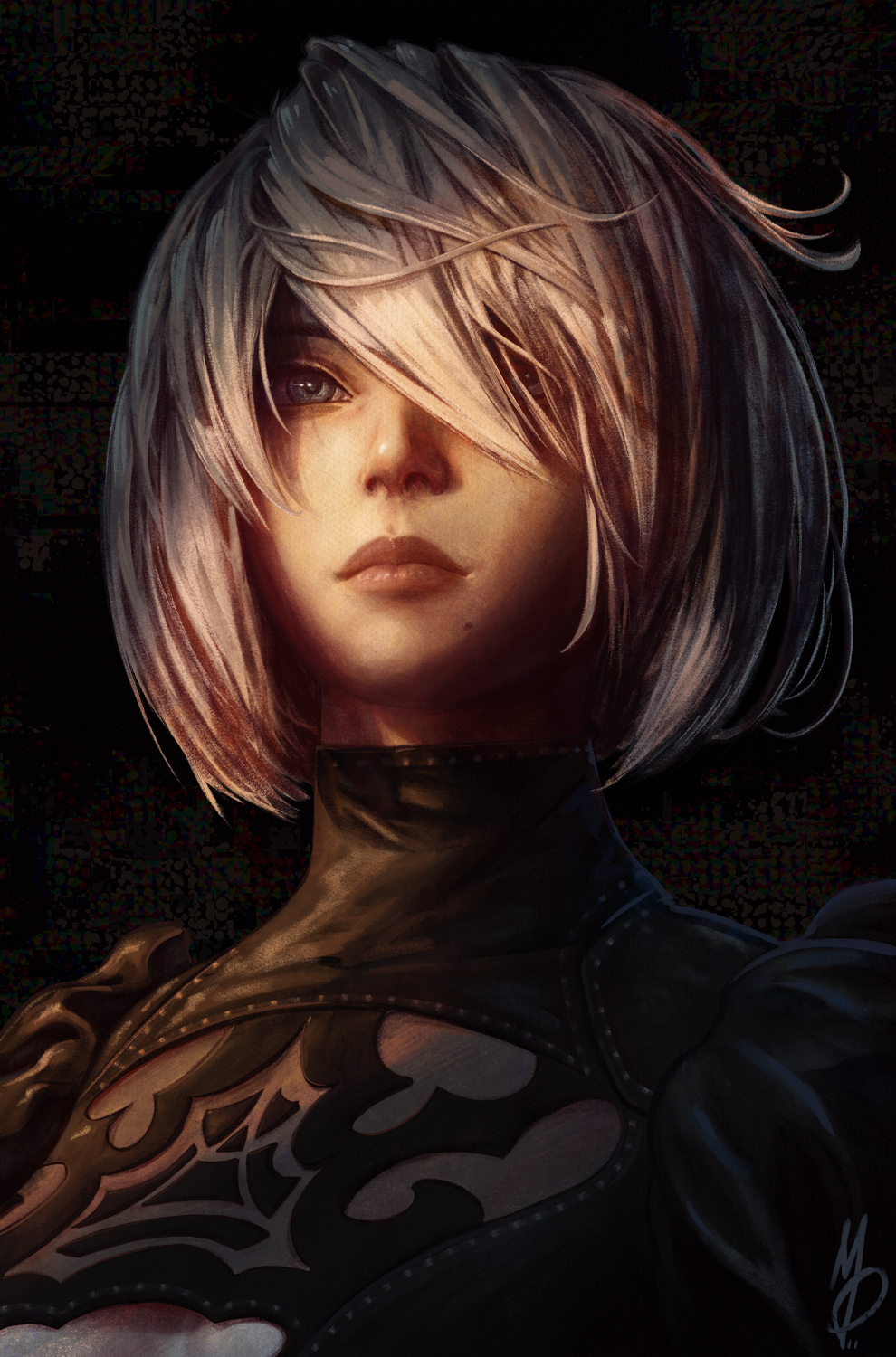 1girl blue_eyes cleavage_cutout closed_mouth clothing_cutout hair_over_one_eye highres max58art medium_hair mole mole_under_mouth nier_(series) nier_automata pink_lips puffy_sleeves see-through signature solo turtleneck upper_body white_hair yorha_no._2_type_b