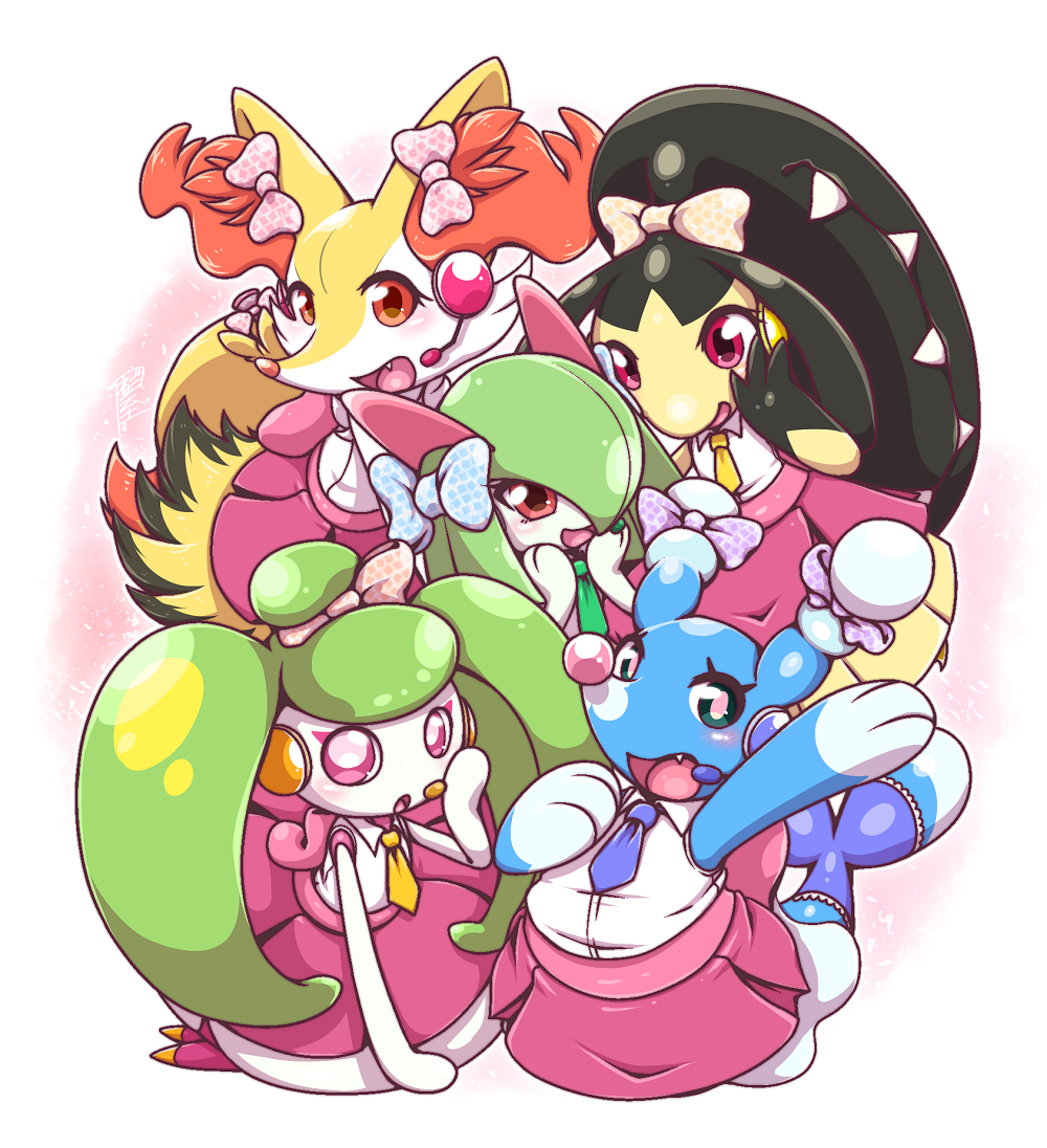 5girls ahoge animal_ear_fluff animal_ears animal_nose arm_up artist_name back_bow bangs black_fur black_hair black_skin blue_bow blue_necktie blue_skin blunt_bangs blush body_fur bow braixen bright_pupils brionne closed_mouth clothed_pokemon collared_shirt colored_skin commentary_request earpiece extra_mouth fang flat_chest fox_ears fox_girl fox_tail full_body furry furry_female green_eyes green_hair green_necktie hair_bow hair_over_one_eye hand_on_own_cheek hand_on_own_chest hand_on_own_face hand_up hands_on_own_cheeks hands_on_own_face hands_up happy idol kirlia long_hair looking_at_viewer mawile medium_hair miniskirt monster_girl multicolored_skin multiple_girls necktie negoya one_eye_covered open_mouth orange_bow outline outstretched_arm partial_commentary pink_bow pink_eyes plant_girl pleated_skirt pokemon pokemon_(creature) purple_bow purple_skirt red_eyes sharp_teeth shiny shiny_hair shirt shirt_tucked_in short_sleeves sidelocks sideways_mouth signature simple_background sitting skirt sleeveless sleeveless_shirt smile snout steenee tail teeth twintails two-tone_background two-tone_skin white_background white_fur white_outline white_pupils white_shirt white_skin yellow_bow yellow_fur yellow_necktie yellow_skin