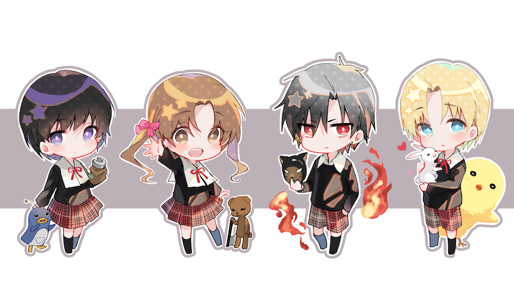 2boys 2girls :d animal arm_up axe bangs bird black_hair black_shirt blonde_hair blue_eyes bow brown_eyes brown_hair cat_mask character_request chibi chick collared_shirt eyebrows_visible_through_hair fire gakuen_alice grey_background grey_outline hair_between_eyes hair_bow holding holding_mask hyuuga_natsume imai_hotaru long_hair long_sleeves mask multiple_boys multiple_girls ouri_(aya_pine) outline outstretched_arm parted_bangs penguin pink_bow plaid plaid_shirt plaid_skirt pleated_skirt red_eyes red_shorts red_skirt sakura_mikan school_uniform shirt shorts skirt smile stuffed_animal stuffed_toy teddy_bear twintails two-tone_background very_long_hair violet_eyes white_background