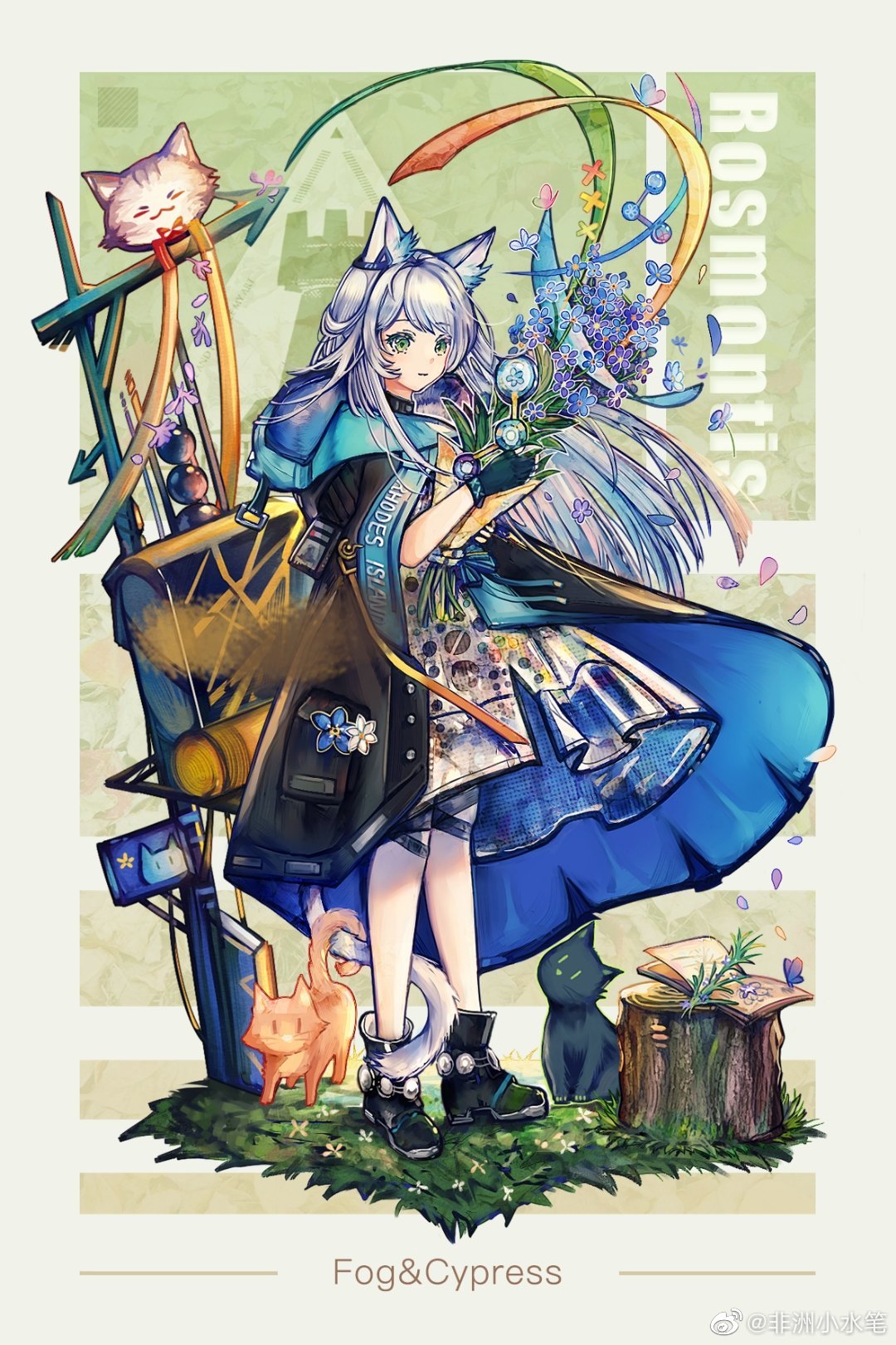 1girl animal_ear_fluff animal_ears arknights blue_hair book boots bouquet cat cat_ears cat_tail coat dress flower flower_in_pocket full_body grass green_eyes headpiece highres holding holding_bouquet mizupein open_book pocket rhodes_island_logo rosmontis_(arknights) see-through_dress signpost simple_background standing tail tail_around_leg tree_stump white_hair