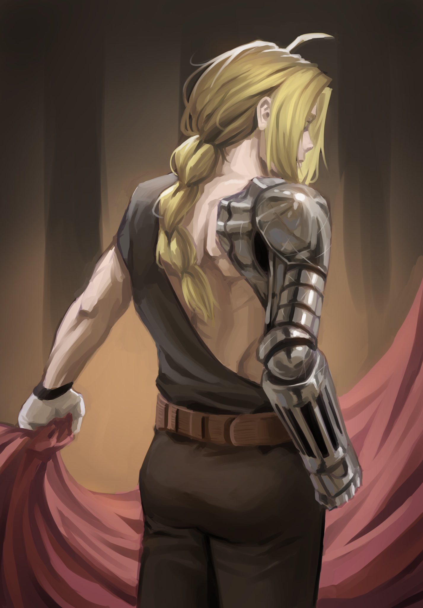 1boy antenna_hair ass belt black_pants blonde_hair clenched_hand closed_eyes closed_mouth commentary cowboy_shot edward_elric from_behind fullmetal_alchemist highres holding male_focus mechanical_arms netural pants pointy_nose ponytail single_mechanical_arm solo standing standing_on_one_leg wristband