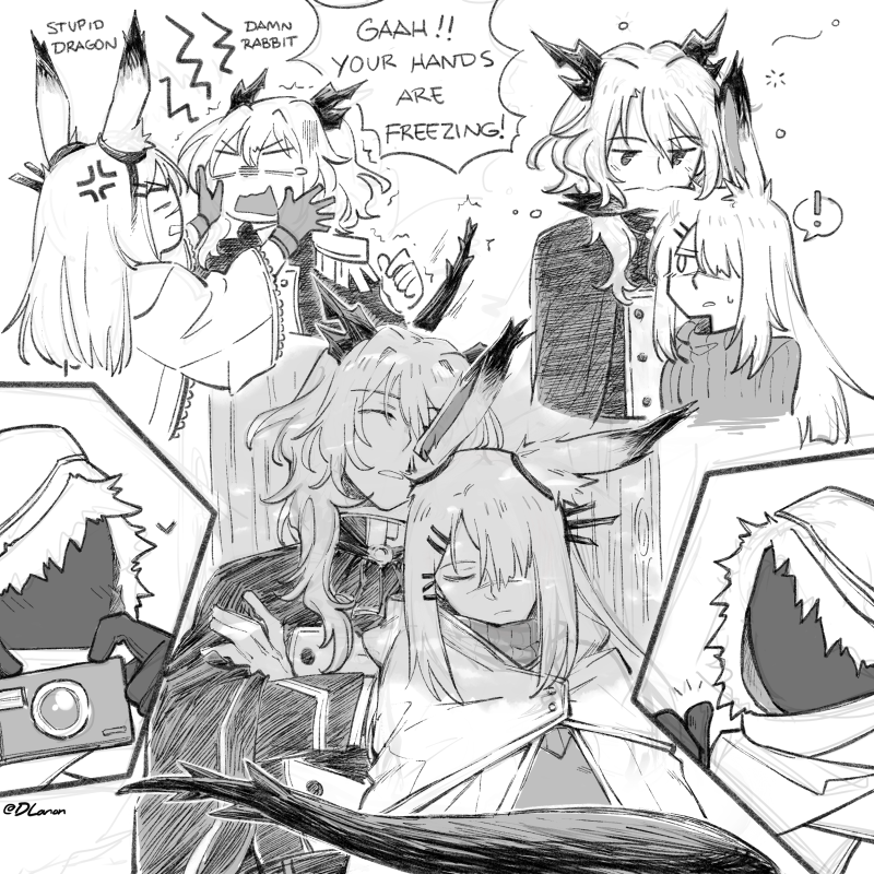! 2girls 2others alternate_costume anger_vein animal_ears arknights biting buttons camera cape coat crossed_arms dlanon dragon_girl dragon_horns dragon_tail ear_biting ear_ornament english_text eyebrows_visible_through_hair frostnova_(arknights) fur-trimmed_hood fur_trim gloves greyscale hair_ornament hairclip heart height_difference holding holding_camera hood hood_up horns long_hair long_sleeves monochrome multiple_girls multiple_others open_mout rabbit_ears ribbed_sweater simple_background sleeping speech_bubble spoken_exclamation_mark sweater tail tail_wrap talulah_(arknights) turtleneck turtleneck_sweater white_background yuri