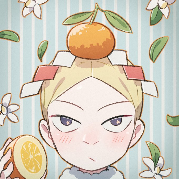 1boy bangs blonde_hair blush closed_mouth commentary_request daida flower food food_on_head fruit fruit_on_head grey_eyes holding leaf looking_up male_focus nikomi_(nikomix) object_on_head orange_(fruit) ousama_ranking parted_bangs portrait short_hair solo white_flower