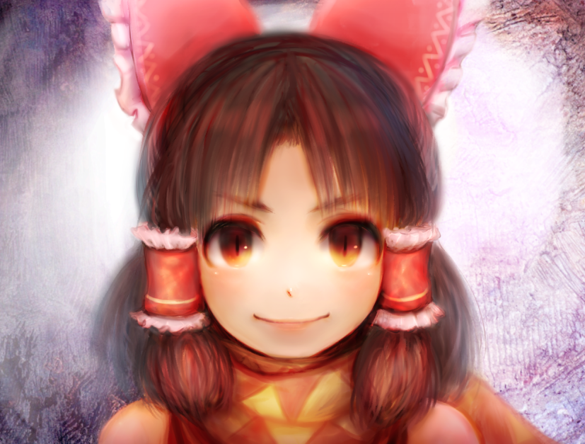 1girl bangs benikurage_(cookie) blush bow brown_eyes brown_hair closed_mouth commentary_request cookie_(touhou) dress face frilled_hair_tubes frills hair_bow hair_tubes hakurei_reimu khn_(kihana) looking_at_viewer medium_hair orange_scarf parted_bangs red_bow red_dress scarf sleeveless sleeveless_dress slit_pupils smile solo touhou yellow_scarf