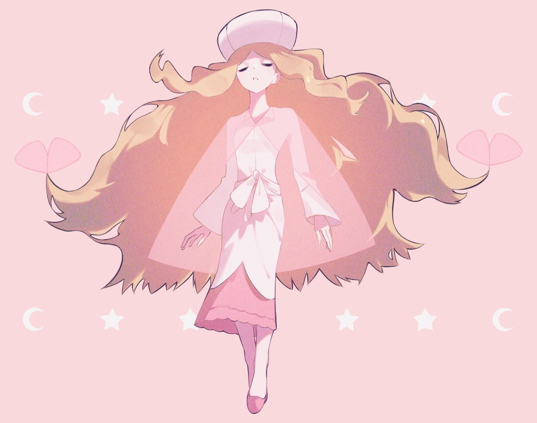 1girl aoi_(altea0923) bangs blonde_hair butterfly_hair_ornament caitlin_(pokemon) cape closed_eyes commentary_request crescent dress full_body hair_ornament hat long_hair long_sleeves parted_bangs parted_lips pink_background pink_cape pink_footwear pink_headwear pokemon pokemon_(game) pokemon_bw see-through_cape shoes sidelocks solo star_(symbol) very_long_hair wavy_hair white_dress