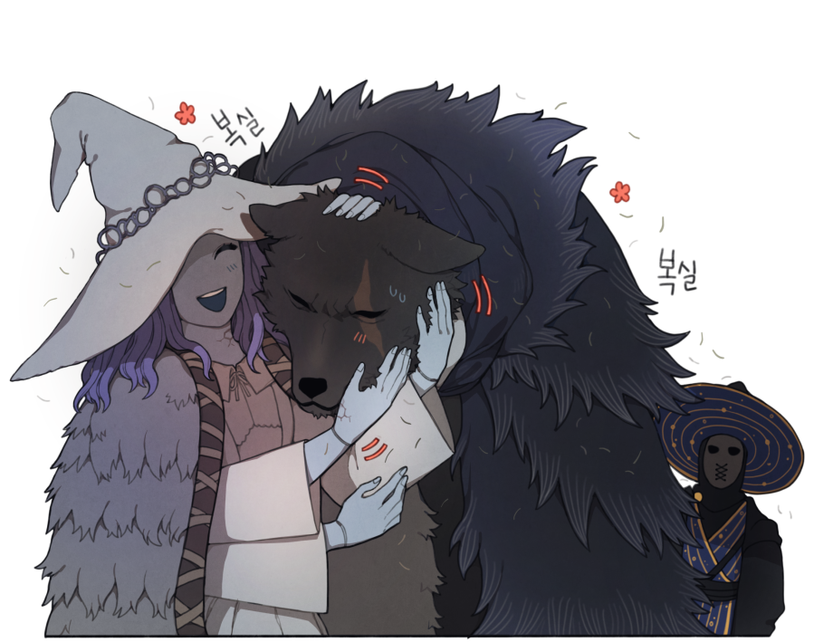 1girl 2boys ^_^ black_robe blaidd_the_half-wolf blush cape closed_eyes covered_face donar0217 elden_ring extra_hands fur_cape furry grey_headwear hat leaning_forward multiple_boys open_mouth petting preceptor_seluvis ranni_the_witch scar scar_on_face simple_background smile white_background white_robe witch_hat wolf_boy