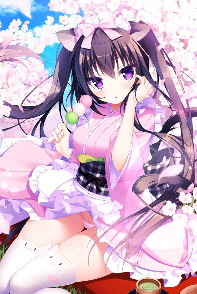 1girl :o adjusting_hair animal_ear_legwear animal_ears apron bangs blue_sky blush bow breasts cat_ear_legwear cat_ears cat_girl cat_tail character_request cherry_blossoms chestnut_mouth clouds commentary_request copyright_request crossed_bangs cup dango day eyebrows_visible_through_hair falling_petals flower food frilled_kimono frills gingham hair_between_eyes hair_bow hanami holding holding_food japanese_clothes kimono long_hair looking_at_viewer maid_headdress obi outdoors panties pantyshot parted_lips petals pink_bow pink_flower pink_kimono pink_panties plaid plum_blossoms print_sash purple_hair ribbon sanshoku_dango sash shiromochi_sakura short_kimono sitting skewer sky solo spring_(season) string_panties tail thigh-highs tree twintails underwear very_long_hair violet_eyes wa_maid wagashi white_legwear wind wind_lift yunomi