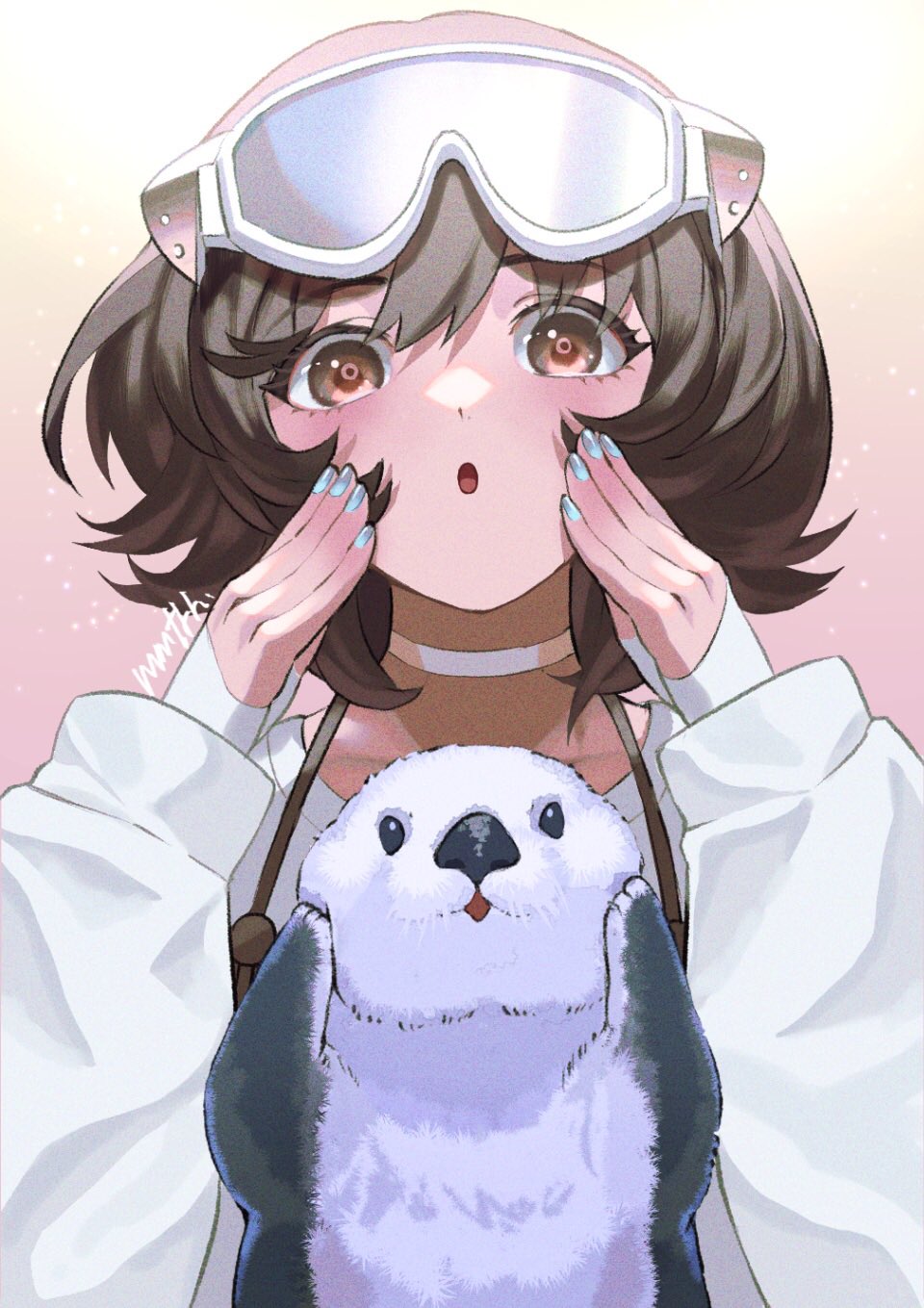 1girl :o animal arknights bangs blue_nails blush brown_eyes brown_hair choker eyebrows_visible_through_hair goggles goggles_on_head gradient gradient_background hands_on_own_cheeks hands_on_own_face highres long_sleeves looking_at_viewer memetaroh nail_polish open_mouth otter pink_background roberta_(arknights) shirt short_hair signature solo upper_body white_choker white_shirt