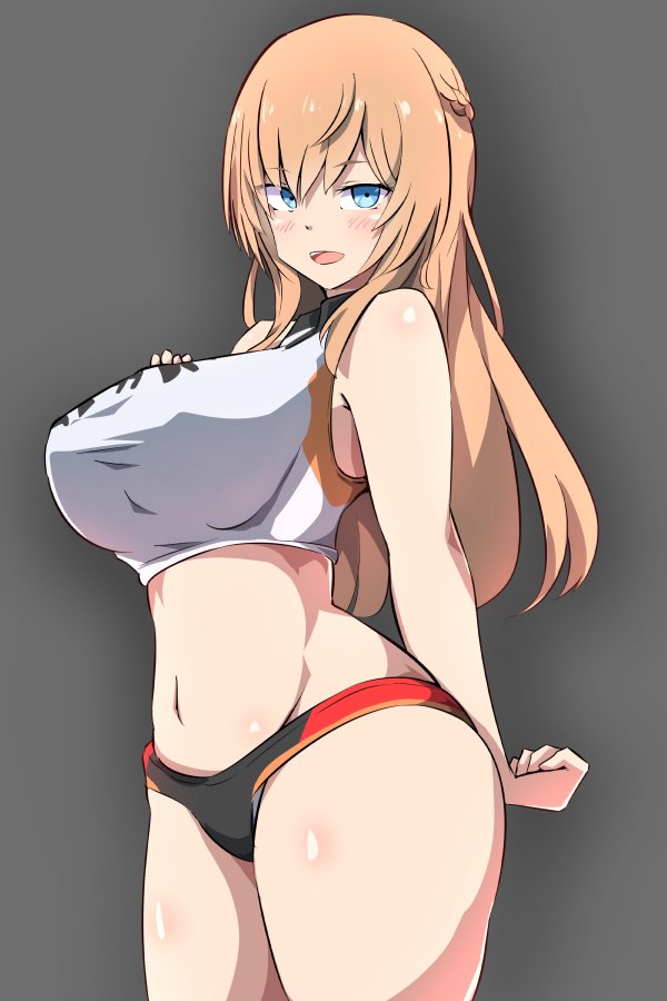 1girl arms_behind_back bikini black_bikini blue_eyes braid breasts character_request commentary_request cowboy_shot crown_braid delta_gear grey_background large_breasts light_brown_hair long_hair simple_background solo sports_bikini standing swimsuit track_uniform