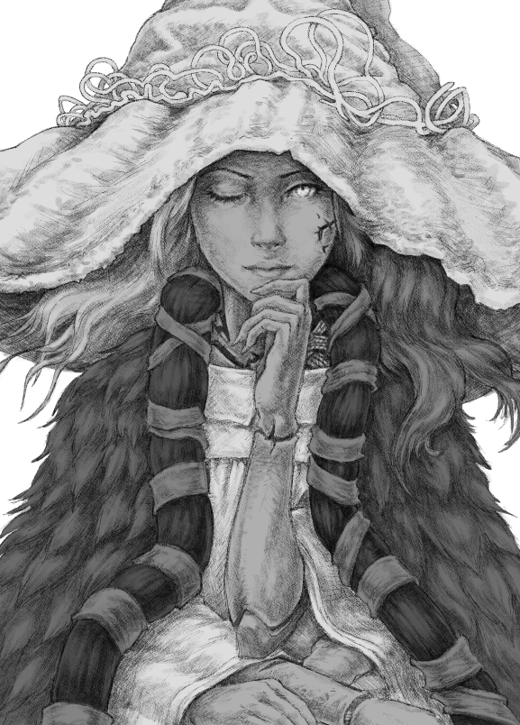 1girl closed_mouth cracked_skin doll_joints dress elden_ring extra_arms fur_cloak greyscale hat joints long_hair looking_at_viewer monochrome ranni_the_witch simple_background solo white_background witch_hat