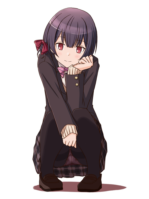 arm_on_knee bangs beige_sweater black_hair black_legwear black_skirt blazer blush bow bowtie brown_footwear brown_jacket buttons checkered_clothes checkered_skirt commentary_request eyebrows_visible_through_hair hair_ribbon hand_on_own_face idolmaster idolmaster_shiny_colors jacket lielos long_sleeves looking_at_viewer morino_rinze panties panties_under_pantyhose pantyhose pantyshot red_eyes ribbon shirt short_hair skirt smile solo squatting sweater underwear white_background white_shirt