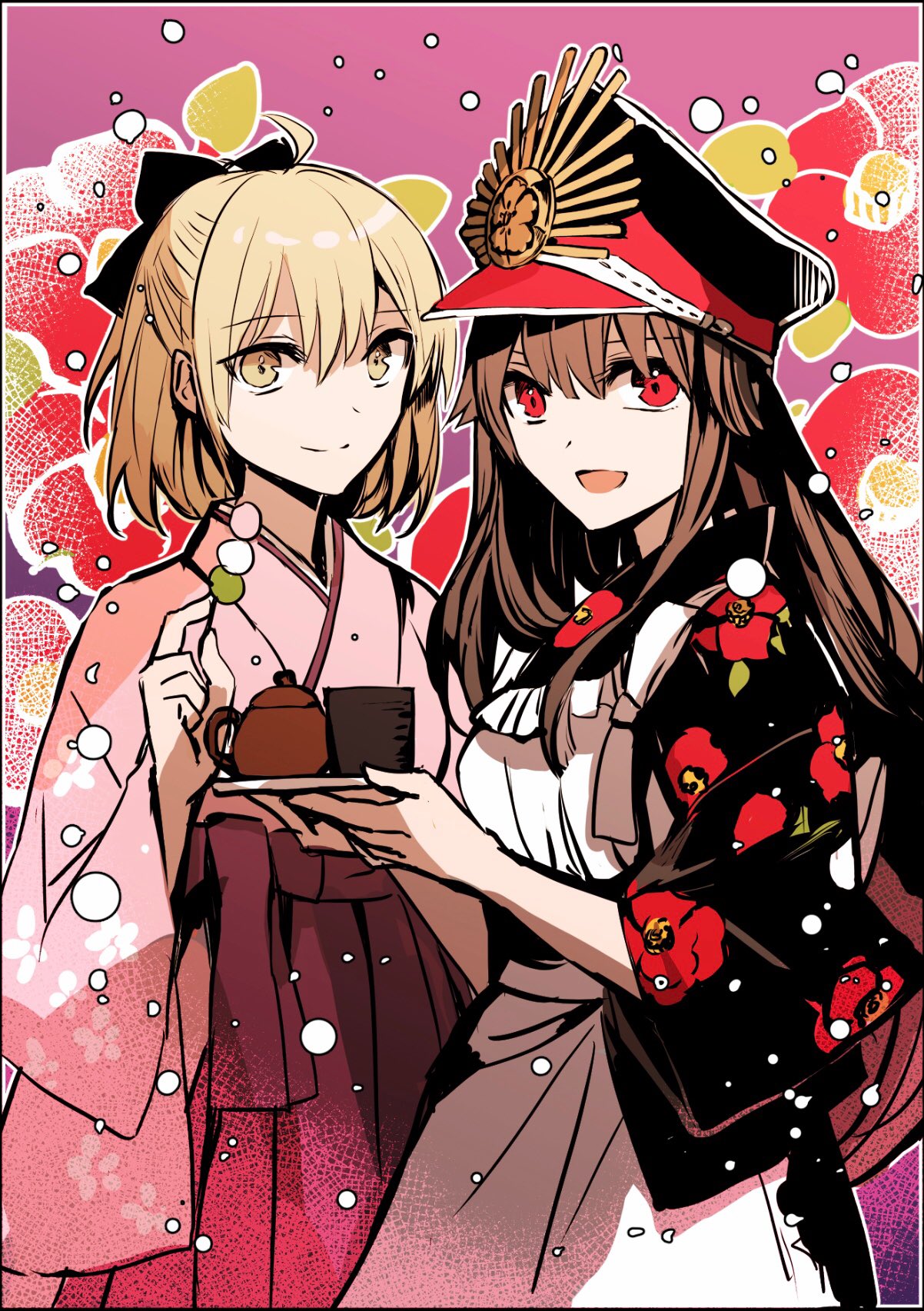 2girls apron bangs black_bow black_hair black_kimono blonde_hair bow breasts commentary_request cowboy_shot eyebrows_visible_through_hair fate/grand_order fate_(series) food hair_between_eyes hair_bow hat highres holding holding_food holding_plate japanese_clothes kimono koha-ace long_hair looking_at_viewer military_hat multiple_girls oda_nobunaga_(fate) oda_nobunaga_(koha-ace) okita_souji_(fate) okita_souji_(koha-ace) open_mouth pink_kimono plate red_eyes rioka_(southern_blue_sky) sidelocks smile yellow_eyes