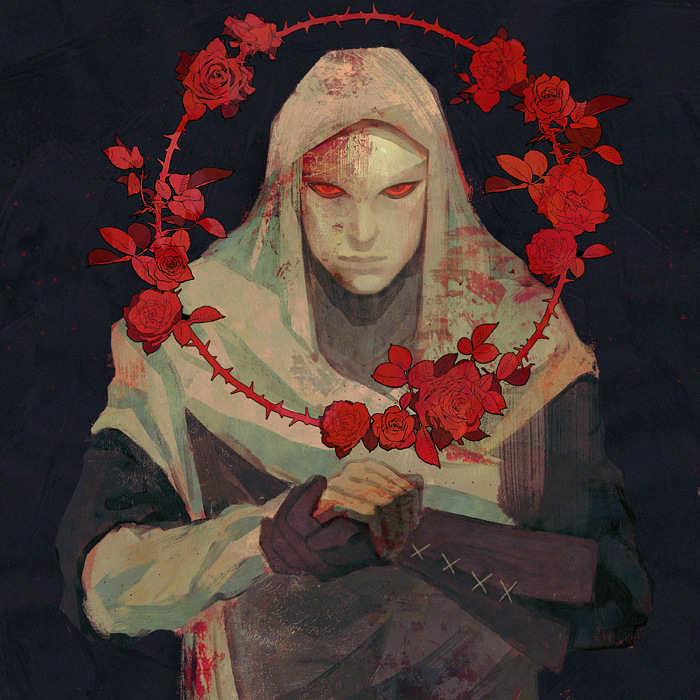 1boy brianne_neumann_(ghostbri) brown_gloves colored_sclera elden_ring flower gloves looking_at_viewer male_focus mask own_hands_together red_eyes red_flower red_rose red_sclera rose single_glove solo thorns veil white-faced_varre