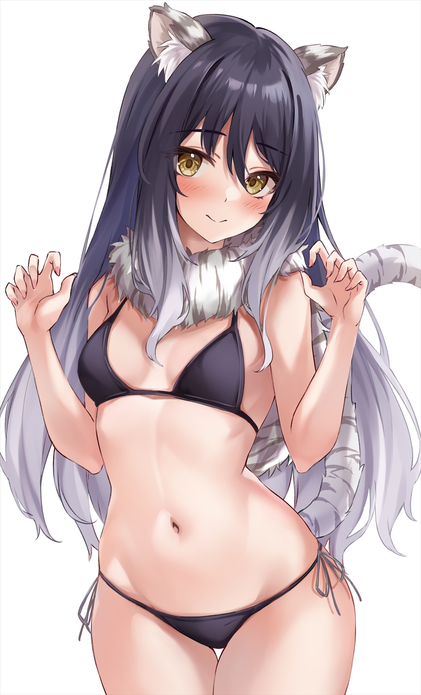 1girl animal_ear_fluff animal_ears bangs bare_shoulders bikini black_hair blush breasts brown_eyes capelet commentary_request fur_capelet gradient_hair highres long_hair looking_at_viewer marisasu_(marisa0904) medium_breasts multicolored_hair navel princess_connect! shiori_(princess_connect!) side-tie_bikini simple_background solo stomach striped_tail swimsuit tail thighs tiger_ears tiger_girl tiger_tail white_background yellow_eyes