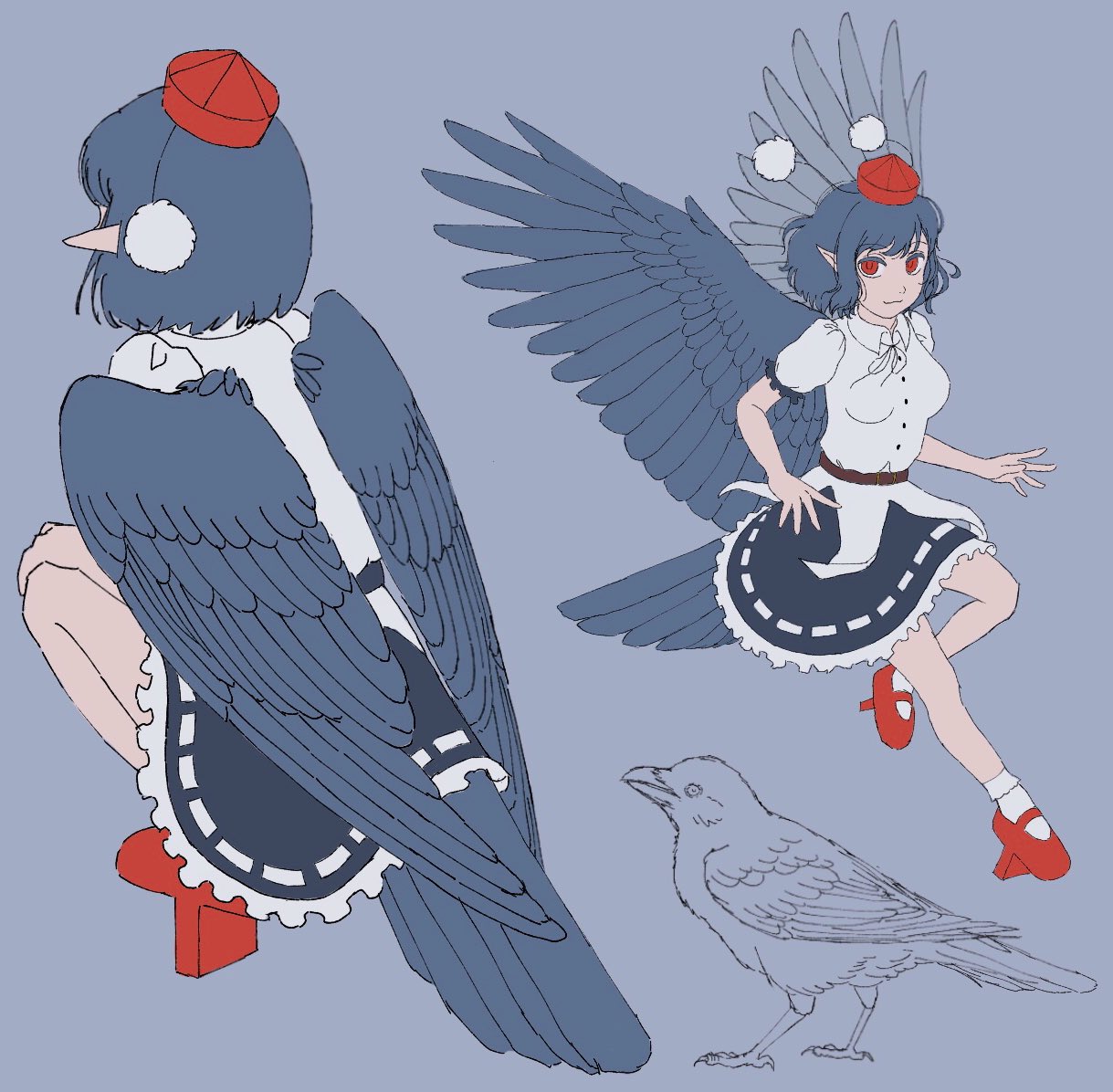 1girl belt bird bird_tail bird_wings black_hair black_skirt black_wings bobby_socks breasts brown_belt buttons channel_ikihaji collared_shirt commentary_request crow feathered_wings frilled_skirt frills full_body geta hat medium_breasts miniskirt multiple_views pointy_ears pom_pom_(clothes) puffy_short_sleeves puffy_sleeves red_eyes red_footwear red_headwear shameimaru_aya shirt short_hair short_sleeves skirt smile socks squatting tail tail_feathers tengu tengu-geta tokin_hat touhou white_legwear white_shirt wings