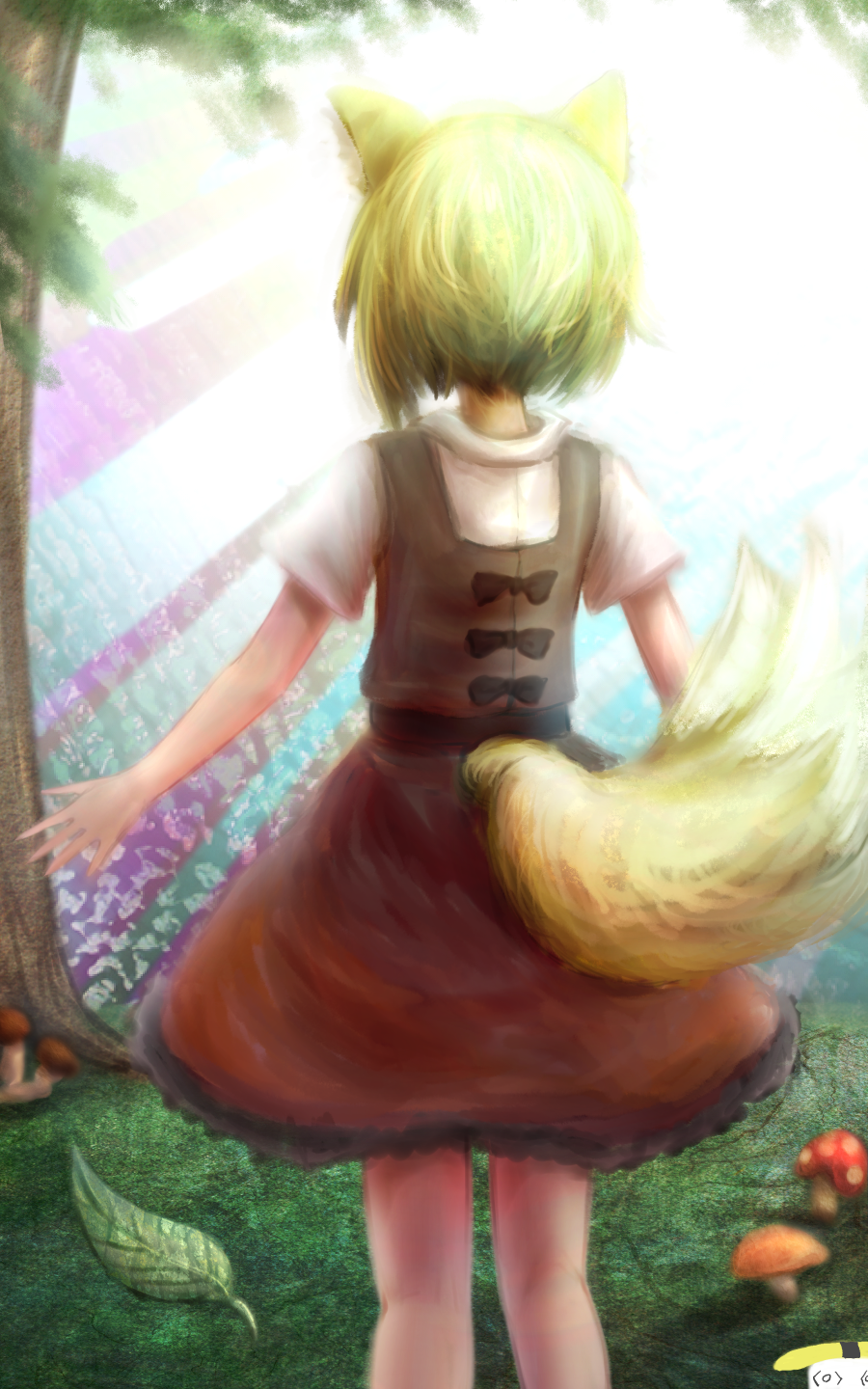 1girl animal_ears asymmetrical_hair blonde_hair brown_dress commentary_request cookie_(touhou) dress feet_out_of_frame fox_ears fox_girl fox_tail from_behind grass highres khn_(kihana) leaf medium_hair miramikaru_riran mushroom omelet pinafore_dress shirt short_sleeves sidelocks solo sunlight tail tamagoyaki tree white_shirt