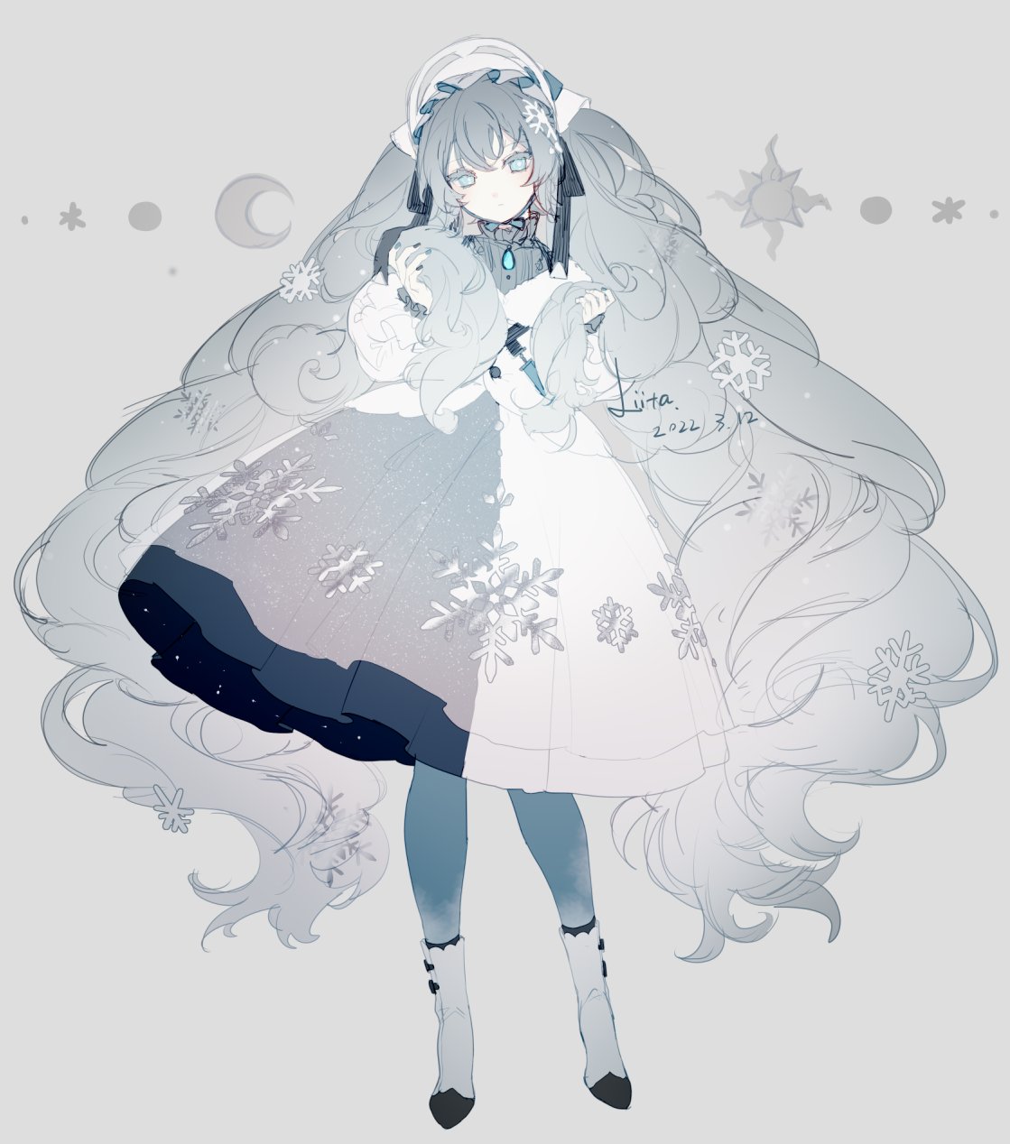 1girl black_bow blue_eyes blue_legwear boots bow closed_mouth colored_eyelashes dress full_body fur-trimmed_jacket fur_trim grey_dress grey_hair hair_bow hair_ornament hatsune_miku highres jacket liita_(dusk_snow) looking_at_viewer moon pantyhose protected_link snowflake_hair_ornament snowflake_print solo sun two-tone_dress vocaloid white_dress white_footwear white_jacket yuki_miku