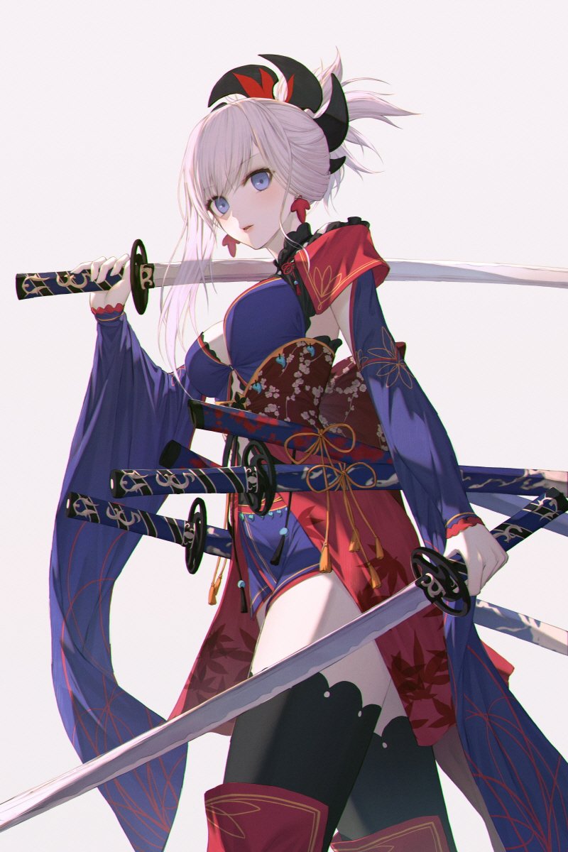 1girl asymmetrical_hair black_legwear blue_eyes blue_kimono clothing_cutout detached_sleeves dual_wielding earrings expressionless fate/grand_order fate_(series) feet_out_of_frame hair_ornament hiera12 highres holding holding_sword holding_weapon japanese_clothes jewelry katana kimono leaf_print looking_at_viewer maple_leaf_print miyamoto_musashi_(fate) navel_cutout obi pink_hair ponytail sandals sash sheath sheathed sleeveless sleeveless_kimono solo sword thigh-highs weapon wide_sleeves