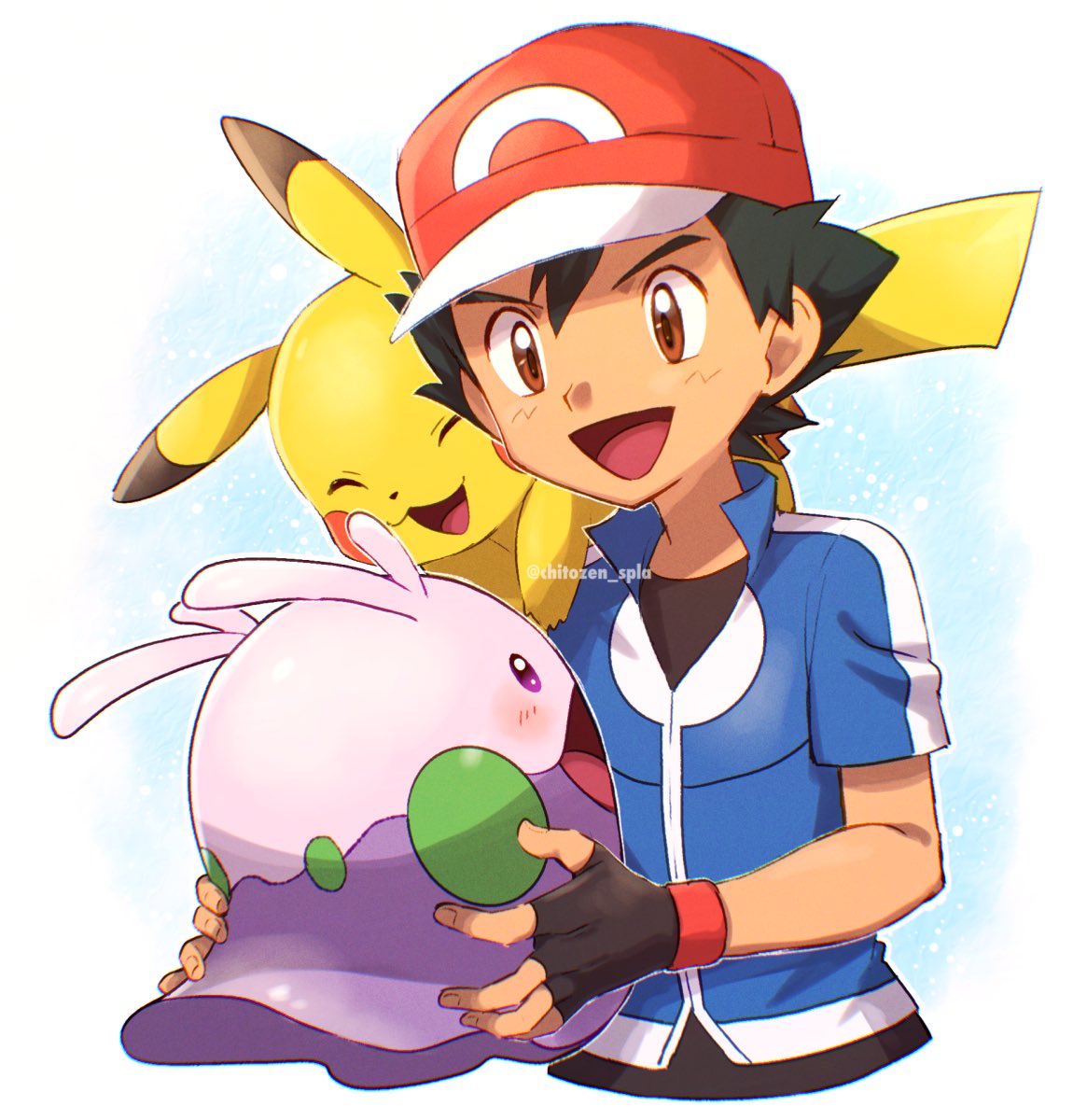 1boy :d ash_ketchum bangs black_hair blue_jacket brown_eyes chitozen_(pri_zen) commentary_request fingerless_gloves gloves goomy happy hat highres holding holding_pokemon jacket looking_down male_focus open_mouth pikachu pokemon pokemon_(anime) pokemon_(creature) pokemon_xy_(anime) red_headwear shirt short_hair short_sleeves smile spiky_hair tongue twitter_username watermark