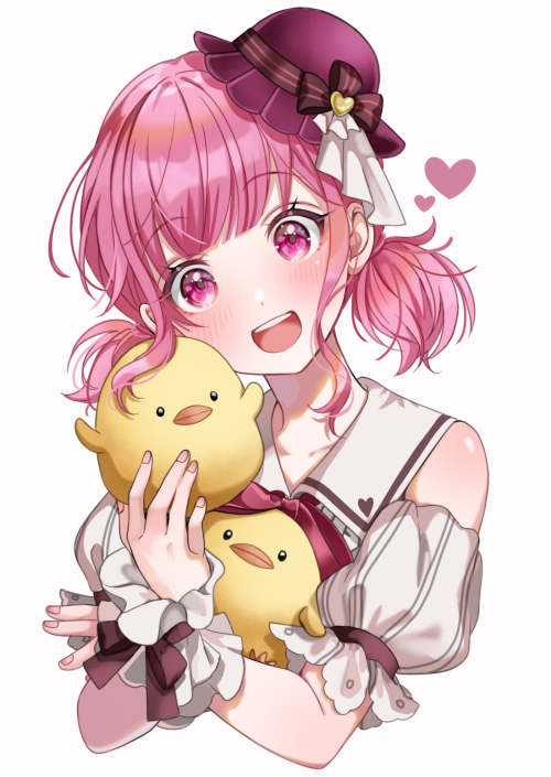 1girl bangs blunt_bangs collar detached_collar heart ootori_emu open_mouth pe0e07 pink_eyes pink_hair project_sekai short_hair smile solo stuffed_chicken twintails white_background wrist_cuffs