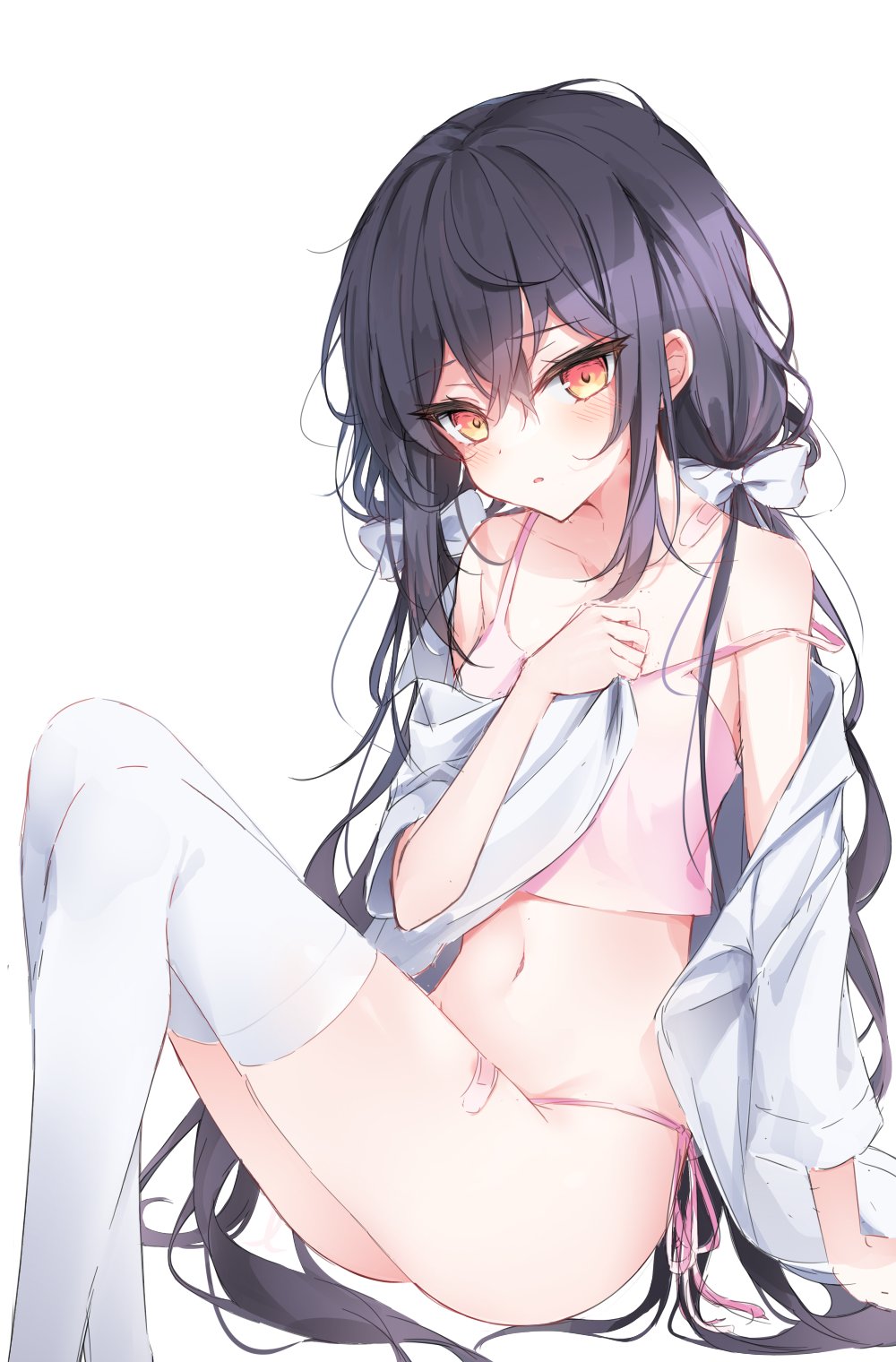 1girl ass bandaid bare_shoulders beliatan black_hair camisole crop_top embarrassed feet_out_of_frame hand_on_own_chest highres long_hair looking_at_viewer navel no_panties off_shoulder open_clothes open_shirt original panties parted_lips pink_panties pink_shirt red_eyes shirt side-tie_panties sidelocks sitting sleeveless sleeveless_shirt solo spaghetti_strap stomach strap_slip string_panties thigh-highs thighs underwear very_long_hair white_legwear white_shirt