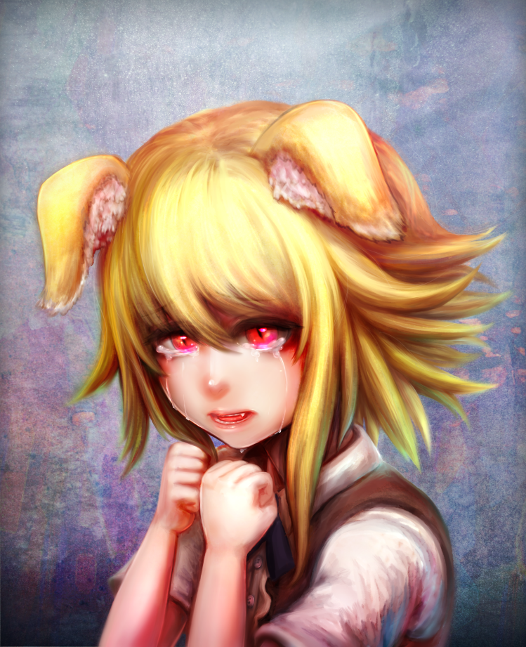 1girl animal_ear_fluff animal_ears asymmetrical_hair bangs black_bow black_bowtie blonde_hair bow bowtie brown_vest clenched_hand collared_shirt commentary_request cookie_(touhou) crying crying_with_eyes_open eyebrows_visible_through_hair floppy_ears fox_ears fox_girl hair_between_eyes khn_(kihana) medium_hair miramikaru_riran open_mouth red_eyes shirt sidelocks solo tears upper_body vest white_shirt