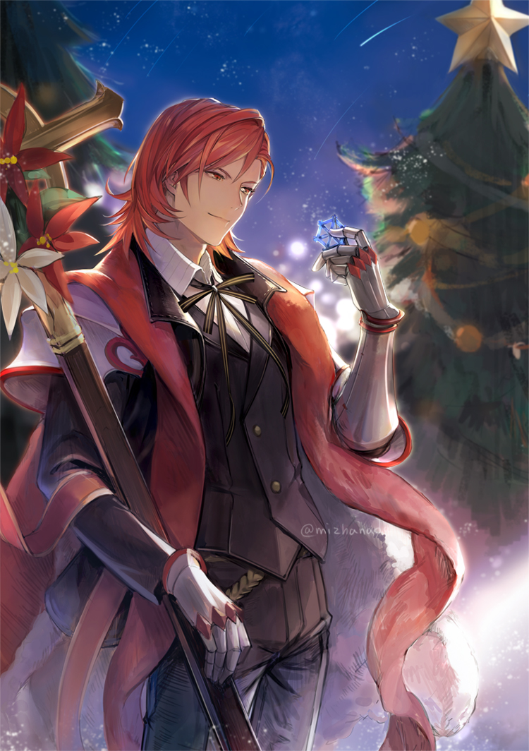 1boy armor black_jacket black_pants black_vest christmas christmas_ornaments christmas_tree closed_mouth flower gauntlets granblue_fantasy holding holding_sword holding_weapon jacket long_scarf male_focus mizuhanada night night_sky official_alternate_costume open_clothes open_jacket outdoors pants pauldrons percival_(granblue_fantasy) pine_tree red_eyes red_flower red_scarf redhead scarf sheath sheathed shirt short_hair shoulder_armor sky smile solo star_(sky) starry_sky sword tree twitter_username vest weapon white_flower white_shirt