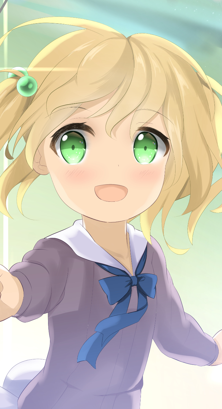 1girl :d bangs blonde_hair blue_bow bow commentary_request eyebrows_visible_through_hair green_eyes hair_between_eyes hair_bobbles hair_ornament highres kogyokuapple looking_at_viewer original pleated_skirt purple_shirt shirt skirt smile solo twintails white_skirt
