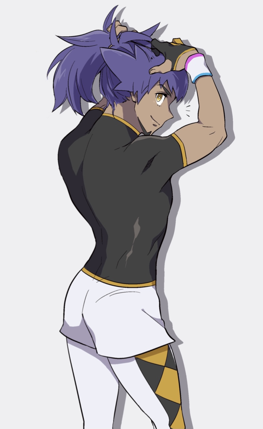 1boy adjusting_hair arms_up champion_uniform commentary_request dark-skinned_male dark_skin dynamax_band facial_hair gloves highres leggings leon_(pokemon) long_hair looking_at_viewer looking_back male_focus notice_lines partially_fingerless_gloves pokemon pokemon_(game) pokemon_swsh purple_hair shirt short_shorts short_sleeves shorts single_glove solo soyasengoku white_legwear white_shorts yellow_eyes