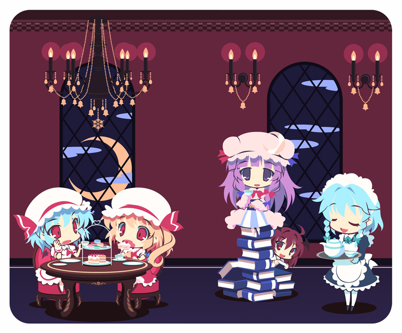 5girls :d ahoge apron bangs bat_wings blonde_hair blue_bow blue_dress blue_hair blunt_bangs book book_stack border bow braid cake candle carpet chair chandelier chibi closed_eyes clouds comiket_93 commentary_request crescent crescent_hat_ornament crescent_moon cup dress eating embodiment_of_scarlet_devil eyebrows_visible_through_hair fang flandre_scarlet food frilled_dress frills full_body hair_ribbon hat hat_bow hat_ornament head_wings hime_cut holding holding_book holding_cup holding_tray indoors izayoi_sakuya koakuma long_hair looking_at_viewer lumine_(2339) macaron maid maid_headdress mob_cap moon multiple_girls night night_sky no_nose patchouli_knowledge peeking_out plate purple_hair red_bow red_eyes red_skirt red_vest redhead remilia_scarlet ribbon shirt short_hair side_ponytail sidelocks sitting sitting_on_books skin_fang skirt skirt_set sky smile standing striped striped_dress table teacup teapot touhou tray tress_ribbon twin_braids vertical-striped_dress vertical_stripes very_long_hair vest violet_eyes waist_apron white_border white_shirt window wings