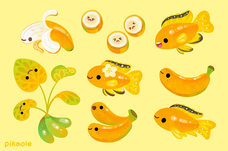 &gt;_&lt; animal animal_focus artist_name banana banana_slice black_eyes closed_eyes closed_mouth commentary english_commentary fins fish flower food freckles from_side fruit no_humans open_mouth original pikaole plant shiny simple_background smile solid_circle_eyes tail_fin teeth upper_teeth watermark white_flower yellow_background