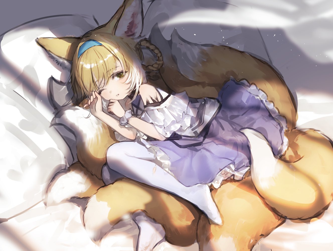 1girl animal_ear_fluff animal_ears arknights bangs bare_shoulders bed_sheet blonde_hair blue_hairband braid brown_eyes commentary_request eyebrows_visible_through_hair fox_ears fox_girl fox_tail frilled_skirt frills hair_rings hairband hands_up kyuubi lying multicolored_hair multiple_tails nima_(niru54) no_shoes on_side one_eye_closed pantyhose parted_lips purple_skirt shirt skirt solo suzuran_(arknights) tail two-tone_hair white_hair white_legwear white_shirt