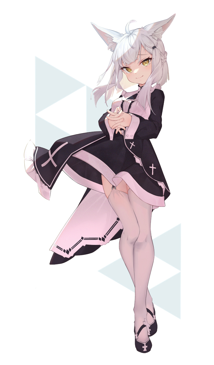 1girl ahoge animal_ear_fluff animal_ears bangs black_dress black_footwear blush closed_mouth dress eyebrows_visible_through_hair full_body highres long_hair long_sleeves looking_at_viewer mishuo_(misuo69421) original own_hands_clasped own_hands_together shoes silver_hair simple_background smile solo thigh-highs white_background white_legwear yellow_eyes
