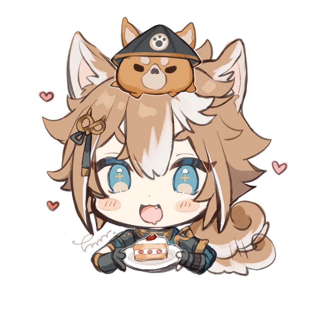 +_+ 1boy :3 animal_ears animal_on_head bangs blue_eyes brown_hair cake cropped_torso dog dog_boy dog_ears dog_on_head dog_tail drooling fang food genshin_impact gorou_(genshin_impact) hair_between_eyes hair_ornament heart highres holding holding_plate japanese_clothes male_focus mouth_drool multicolored_hair on_head paw_print plate signature simple_background tail tail_wagging tamam_gnsn white_background white_hair