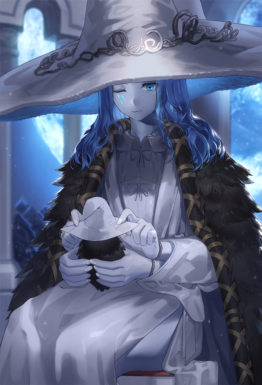 1girl bangs blue_eyes blue_skin breasts colored_skin dress elden_ring extra_arms fur_cloak glowing_tattoo hat highres kfr large_breasts long_hair long_sleeves looking_at_viewer ranni_the_witch witch witch_hat