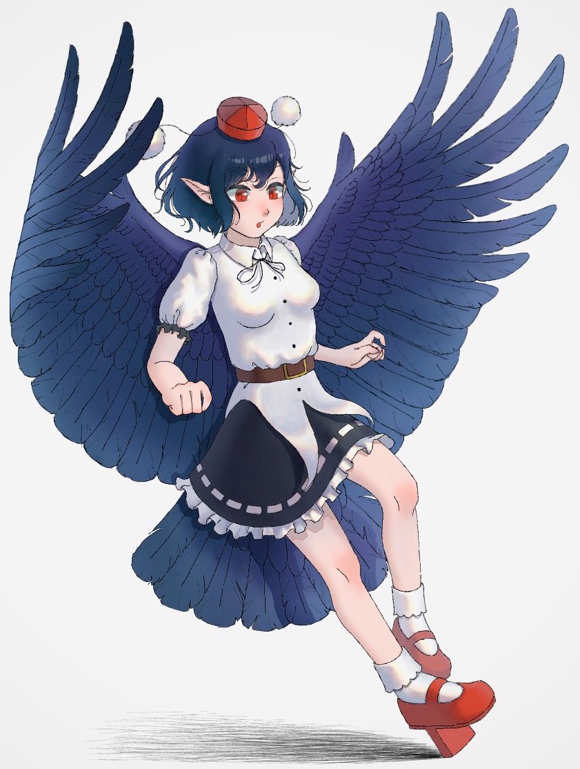 1girl :o belt bird_wings black_hair black_ribbon black_skirt black_wings bobby_socks breasts brown_belt channel_ikihaji collared_shirt commentary_request feathered_wings frilled_skirt frilled_sleeves frills full_body geta hat medium_breasts open_mouth pointy_ears pom_pom_(clothes) puffy_short_sleeves puffy_sleeves red_eyes red_footwear red_headwear ribbon ribbon-trimmed_skirt ribbon_trim shameimaru_aya shirt short_hair short_sleeves simple_background skirt socks tengu-geta tokin_hat touhou white_background white_legwear white_shirt wings