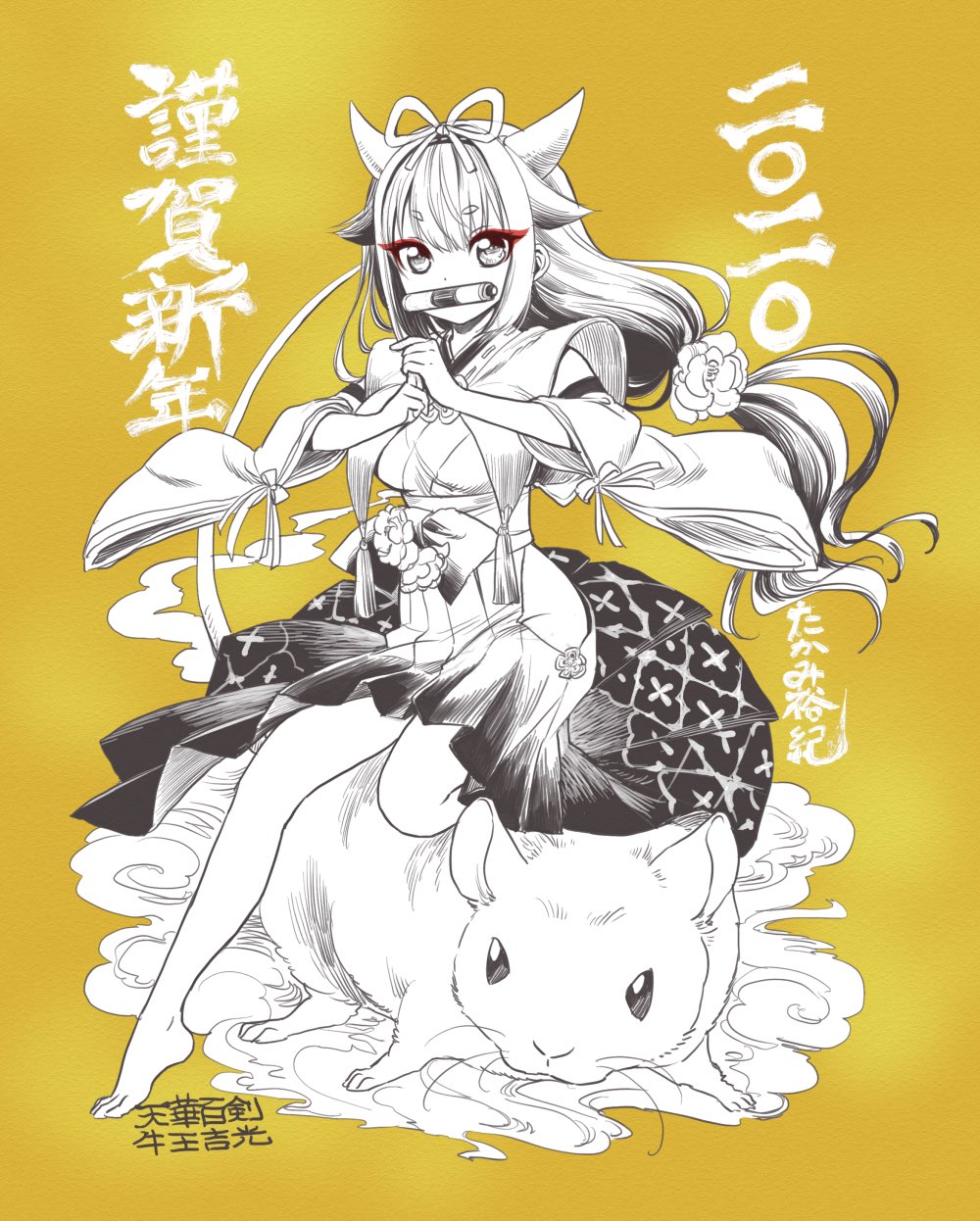 1girl 2020 animal bare_legs character_name chinese_zodiac colored_eyelashes copyright_name cow_horns detached_sleeves dust_cloud fake_horns goou_yoshimitsu greyscale_with_colored_background hair_flaps hair_ornament hair_scrunchie happy_new_year highres horns japanese_clothes kuji-in low_ponytail mouse mouth_hold obi oversized_animal print_skirt sash scroll scrunchie skirt takami_yuuki tassel tenka_hyakken thick_eyebrows wide_sleeves year_of_the_rat