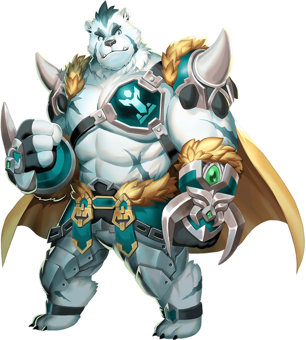 abs anklet armor bare_pectorals bear_boy bernard_(gyee) biceps blue_eyes blue_fur cape chest_protector claws clenched_hand fang frown furry furry_male gauntlets gloves gyee jewelry large_pectorals leg_armor muscular muscular_male ocuithu3mccqfmm official_art pectorals scar scar_on_arm scar_on_chest scar_on_face scar_on_stomach shoulder_armor skirt thick_arms thick_eyebrows weapon white_fur
