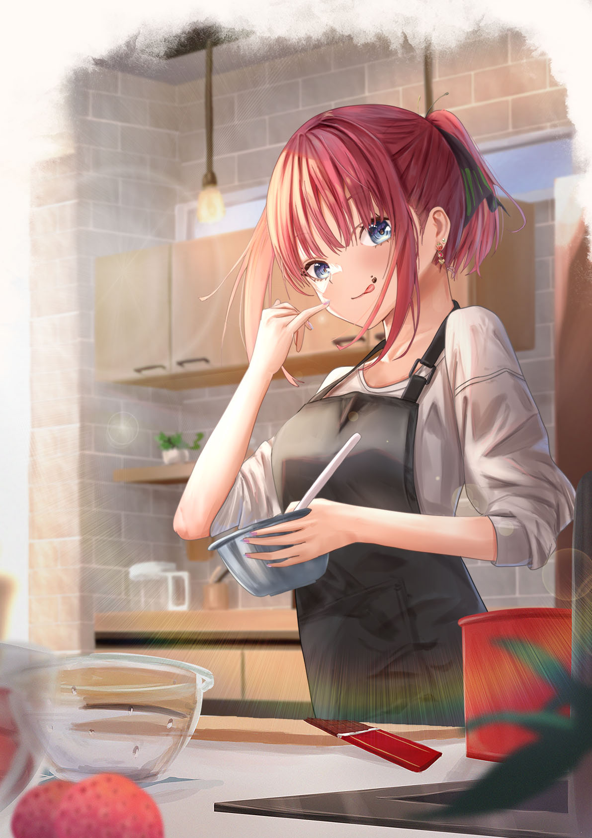 1girl apron blue_eyes blurry blurry_background chocolate day drawer earrings food fruit go-toubun_no_hanayome highres indoors jewelry ko_tachi1104 lens_flare licking_lips light_bulb looking_at_viewer mixing_bowl nakano_nino ponytail red_air shirt short_hair short_ponytail solo spatula standing strawberry tongue tongue_out white_shirt