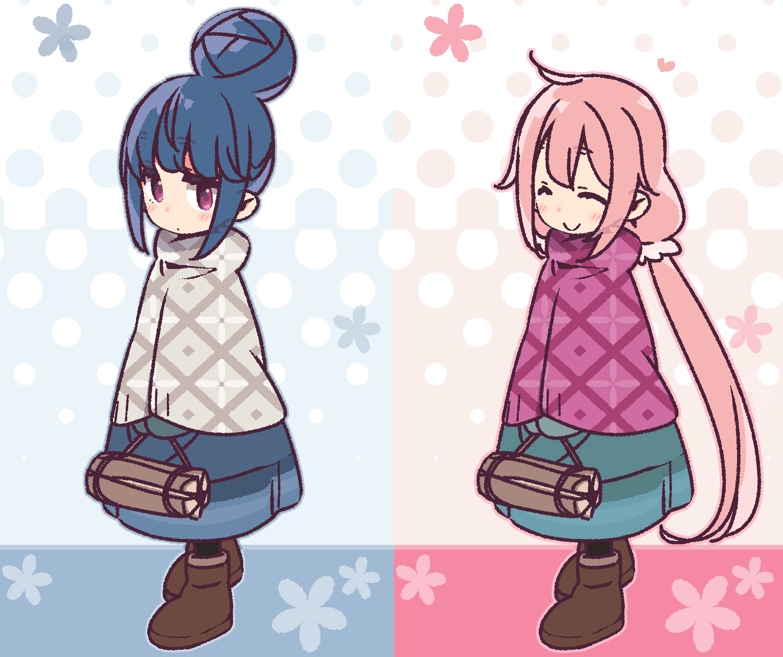 2girls ^_^ ahoge ankle_boots bangs black_legwear blue_background blue_hair blue_outline blush_stickers boots brown_footwear closed_eyes closed_mouth dark_blue_hair dot_mouth dot_nose expressionless eyebrows eyebrows_visible_through_hair floral_background from_side full_body hair_bun hair_ornament hair_scrunchie heart high_collar highres holding jaggy_lines jitome kagamihara_nadeshiko log long_hair looking_at_viewer looking_to_the_side mittens multiple_girls outline patterned_clothing pink_background pink_hair pink_outline pink_scrunchie poncho scrunchie shima_rin sidelocks smile split_screen v_arms very_long_hair violet_eyes walking yoru_nai yurucamp