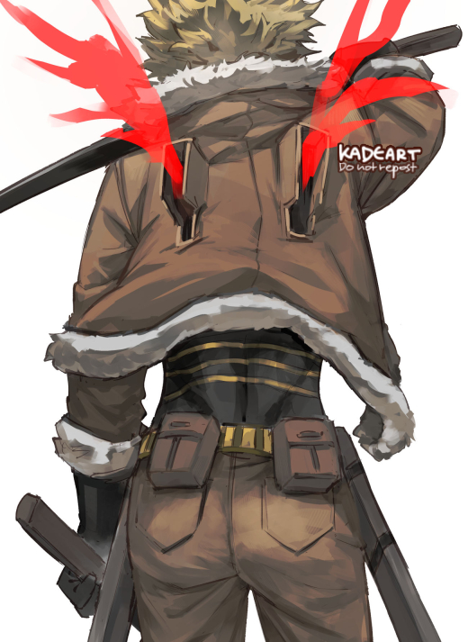 1boy arm_up ass ass_focus back belt belt_pouch blonde_hair boku_no_hero_academia brown_jacket brown_pants contrapposto costume cowboy_shot from_behind fur-trimmed_jacket fur_trim gloves hawks_(boku_no_hero_academia) holding holding_sword holding_weapon jacket kadeart katana male_focus multiple_swords pants pouch red_wings sheath shirt short_hair simple_background skin_tight solo sword tight tight_shirt toned toned_male twitter_username utility_belt weapon white_background wings