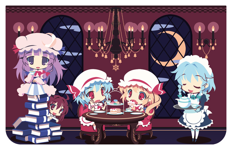 5girls :d ahoge apron bangs bat_wings blonde_hair blue_bow blue_dress blue_hair blunt_bangs book book_stack border bow braid cake candle carpet chair chandelier chibi closed_eyes clouds comiket_93 commentary_request crescent crescent_hat_ornament crescent_moon cup dress eating embodiment_of_scarlet_devil eyebrows_visible_through_hair fang flandre_scarlet food frilled_dress frills full_body hair_ribbon hat hat_bow hat_ornament head_wings hime_cut holding holding_book holding_cup holding_tray indoors izayoi_sakuya koakuma long_hair looking_at_viewer lumine_(2339) macaron maid maid_headdress mob_cap moon multiple_girls night night_sky no_nose patchouli_knowledge peeking_out plate purple_hair red_bow red_eyes red_skirt red_vest redhead remilia_scarlet ribbon shirt short_hair side_ponytail sidelocks sitting sitting_on_books skin_fang skirt skirt_set sky smile standing striped striped_dress table teacup teapot touhou tray tress_ribbon twin_braids vertical-striped_dress vertical_stripes very_long_hair vest violet_eyes waist_apron white_border white_shirt window wings