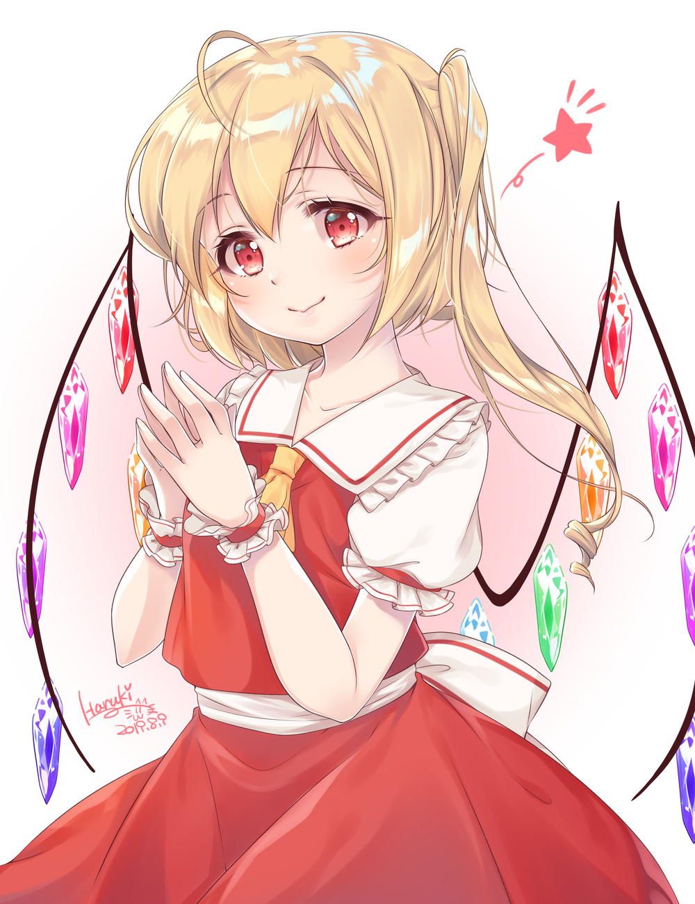 1girl ahoge artist_name blonde_hair blush collarbone commentary cowboy_shot dated flandre_scarlet frilled_shirt_collar frilled_sleeves frills gradient gradient_background hair_between_eyes haruki_(colorful_macaron) head_tilt highres looking_at_viewer no_headwear one_side_up own_hands_together pink_background puffy_short_sleeves puffy_sleeves red_eyes red_skirt red_vest shiny shiny_hair shirt short_hair short_sleeves signature skirt smile solo standing star_(symbol) steepled_fingers touhou vest white_background white_shirt wings wrist_cuffs