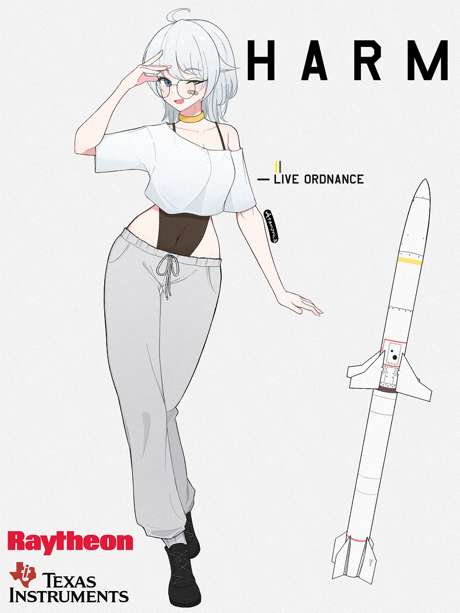 1girl agm-88_harm ahoge atamonica bandaid bandaid_on_face blue_eyes character_name choker commentary company_name english_commentary highres looking_at_viewer missile off_shoulder one_eye_closed original pants personification short_hair silver_hair smile solo sweatpants weapon