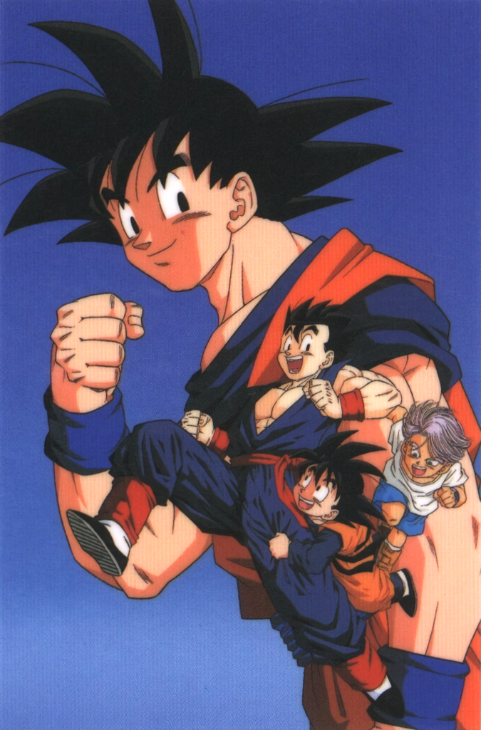 1990s_(style) black_eyes black_hair blue_background brothers child clenched_hand dougi dragon_ball dragon_ball_z father_and_son long_sleeves male_focus muscular muscular_male non-web_source official_art open_mouth purple_hair retro_artstyle saiyan scan siblings simple_background sleeveless smile son_gohan son_goku son_goten spiky_hair wristband