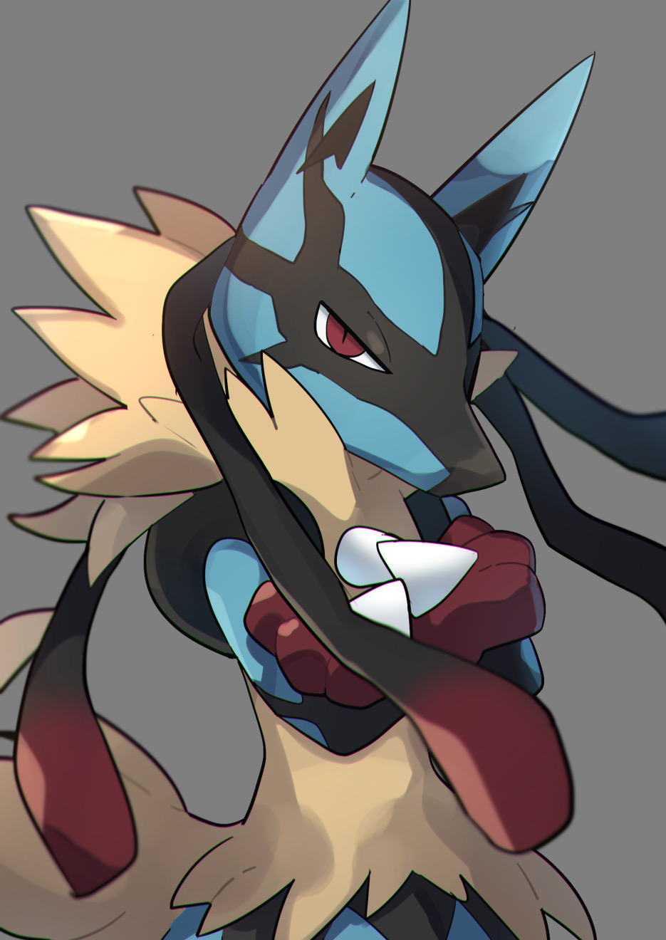 blurry commentary_request crossed_arms floating_hair furry grey_background highres looking_at_viewer lucario mega_lucario mega_pokemon ou_negi pokemon pokemon_(creature) red_eyes spikes upper_body yellow_fur